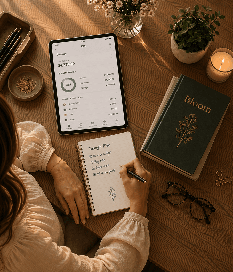 Overhead of a wooden workspace with a tablet showing Bloom Finance, a green Bloom journal, a planning notebook being written in, a candle, glasses, and a small vase of wildflowers