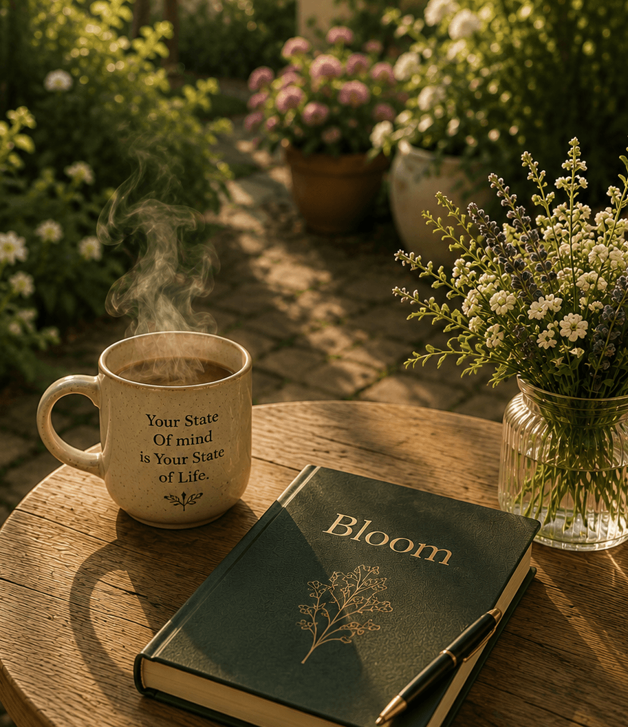 A steaming ceramic mug beside a green “Bloom” journal and a glass vase of wildflowers on a wooden garden table