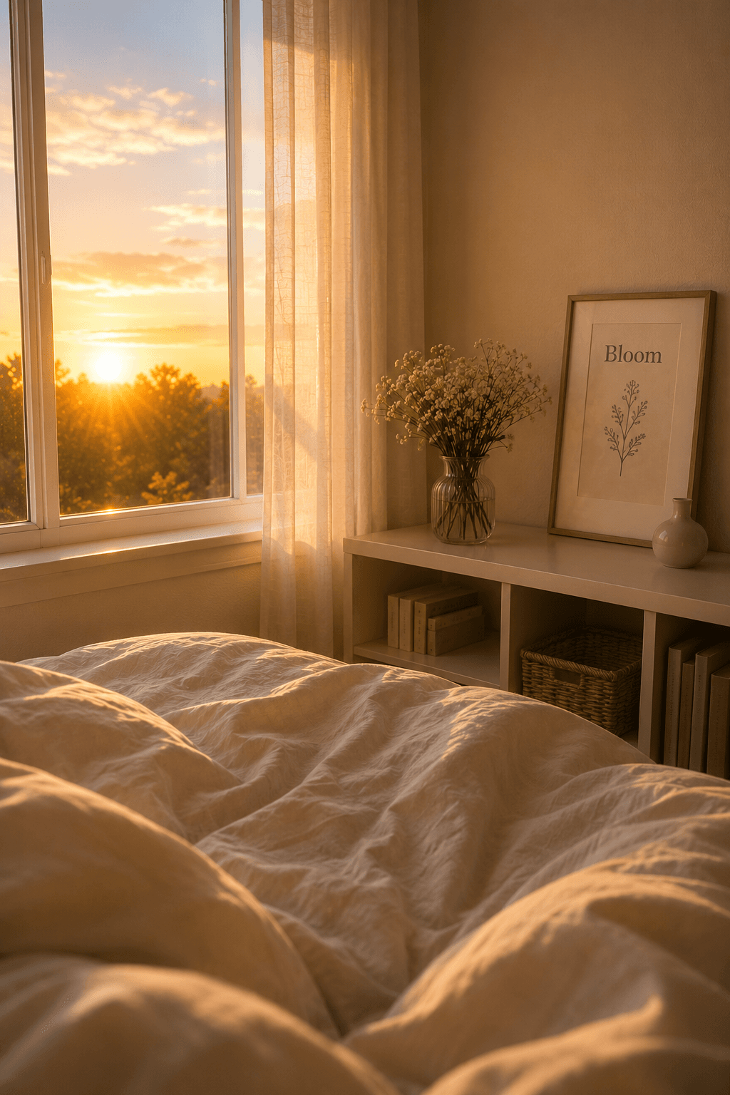 A sunrise glowing through a sheer-curtained window over a linen bed, with a small vase of baby’s breath and a framed “Bloom” print on a nearby shelf